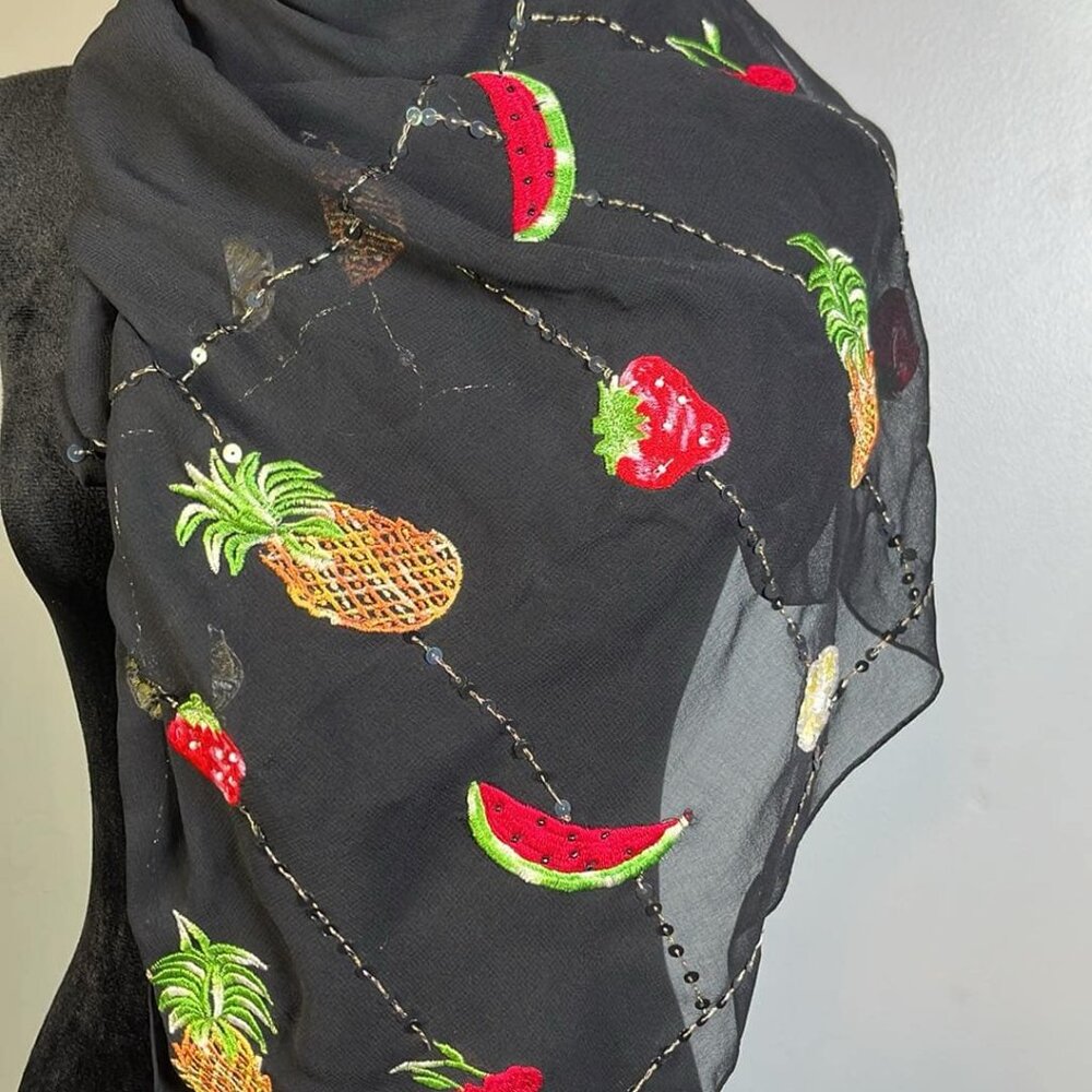 Black Sheer Scarf with Fruit Embroidered Embellishments Whimsy Fairy Vacation Fa
